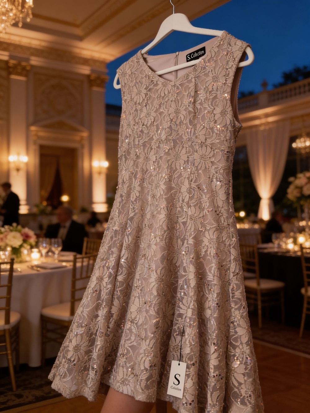 Taupe Lace with Sequins V-Neck Dress